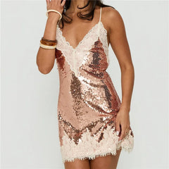 Gold Sequin Lace Trim Spaghetti Strap Mini Dress