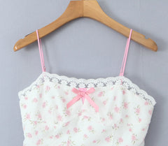 White With Pink Flower Mesh Bow Strappy Mini Dress