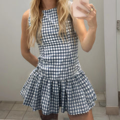 Plaid Print Round Neck Ruffles Hem Sleeveless Mini Dress