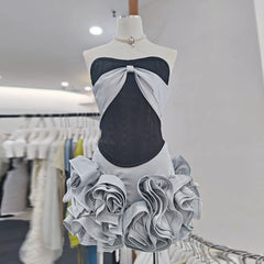 Black Satin Strapless Croset Top And 3d Frill Flower Mini Skirt Two-Piece Set