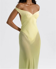Wrap Off-shoulder Strap Mesh Bodysuit Maxi Dress
