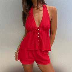 Lace Trim Halter Tie-Up Open Back Top And Shorts Set