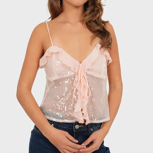 Sequin Sheer Ruffle Trim Spaghetti Strap Tie Crop Top