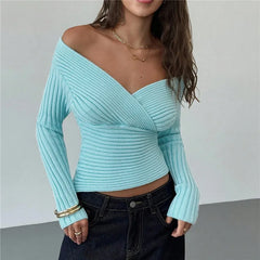 Blue Off Shoulder Wrap V-Neck Long Sleeve Ribbed Top