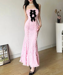 Pink Strapless Rose Lace Bow Maxi Dress - Free From Label