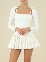 Beige Square Collar  Tie Shoulder Long Sleeve Pleated Mini Dress