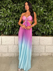 Gradient Halter Pleated Maxi Dress