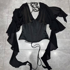 V-neck Mesh Ruffle Strap Corset Top