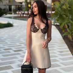 Satin Lace Patchwork Neck Mounted Mini Dress