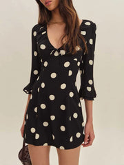 Black Polka Dot Print Three Quarter Sleeves Mini Dress
