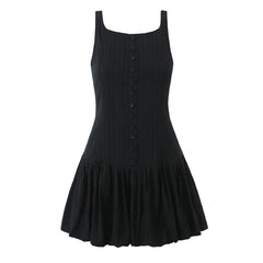 Buttoned Puff Ruched Mini Dress