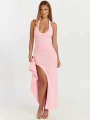 Halter Neck High Split Midi Dress