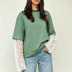 Striped Mock Lace Long Sleeve Underlayer T-shirt
