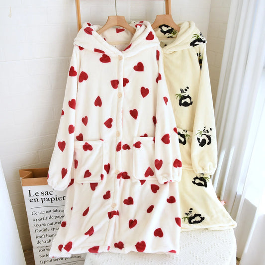 Print Flannel Nightgown Hooded Bathrobe