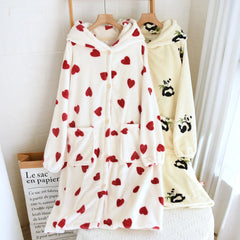 Print Flannel Nightgown Hooded Bathrobe