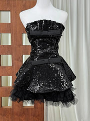 Sequin Bow Tie Tulle Hem A-line Strapless Mini Dress