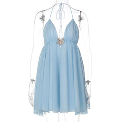 Metal-Embellished Strappy V-Neck A-line Mini Dress