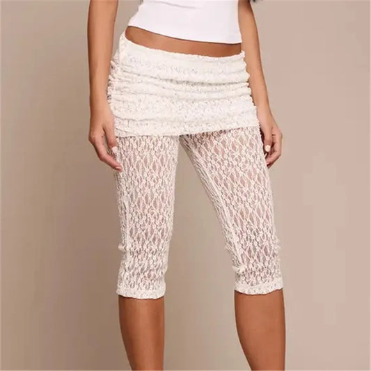 See-Through Lace Ruched Waist Capri Pants