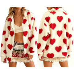 Heart Print Fuzzy Fleece Zip Up Jacket