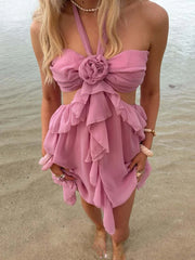 Pink Ruffles Cut Out Halter Rose Mini Dress