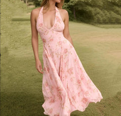 Pink Flower Print Halter Midi Dress