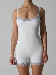 Lace Trim Elasticity Adjustable Strap Lounge Onesie