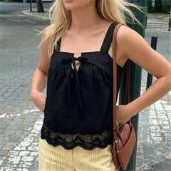 Black Square Neck Lace Trim Top with Bow Tie