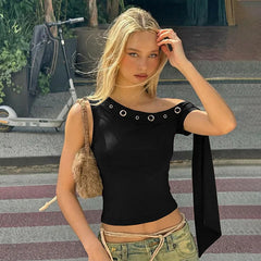 Asymmetrical Ribbon Metal Eyelet One-Shoulder Top