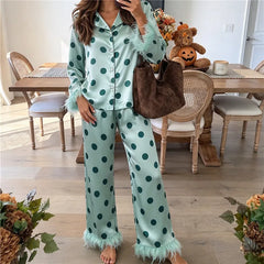 Polka Dot Satin Feather Cuff Shirt And Long Trousers Set