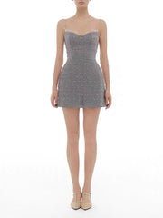 Grey Stripe Sleeveless Rhinestone Mini Dress