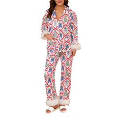 Christmas Satin Fur Trim Button-down Shirt And Pants Pajama Set