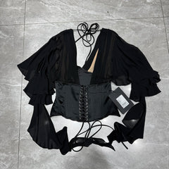 V-neck Mesh Ruffle Strap Corset Top