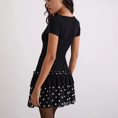 Black Polka Dot V-Neck Short Sleeve Mini Ruffle Dress