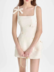 White Square Collar Sleeveless Bowknot Top And High Waist Skirt Set