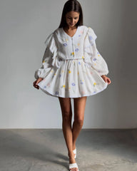 White Printed Ruffle Long Sleeve Shirt And Shorts Set