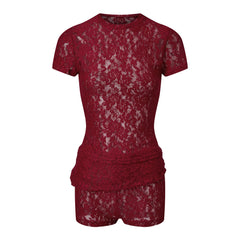 Sheer Red Lace Short Sleeve Crop Top And Shorts Set