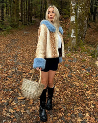 Deer Print Blue Faux Fur Cropped Jacket