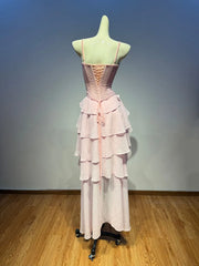 Pink Diamond Lace Up Corset Ruffle Tiered Midi Dress