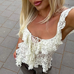 Irregular Lace Ruffles Sheer Top