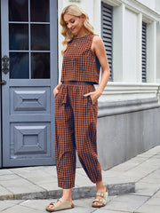 Printed Plaid Sleeveless Vest And Wide Pants Set