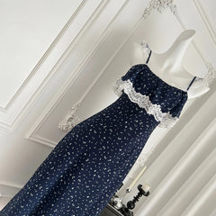 Printed Mesh Cami Lace Slash Neck Slip Long Dress