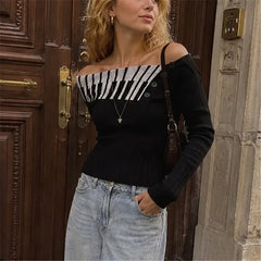 Off-Shoulder Piano Key Print Knit Top