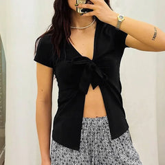 Lace-Up Short Sleeve Slit Cropped Top
