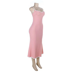 Pink Ribbed Contrast Trim Long Dress