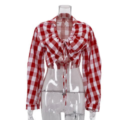 Red Plaid Drawstring Cropped Shirt