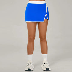Person wearing a blue skirt with white trim 