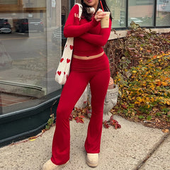 Polka Dot Cropped Top And Fold Over Flare Pants Set