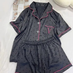 Satin Black V Embroidered Short Sleeve Top And Shorts Pj Set
