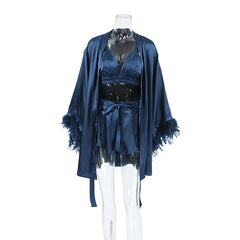 Satin Cami Top And Shorts With Fur Trim Rode Nightgown Three-piece Set