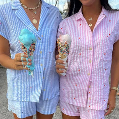 Striped Heart Short Sleeve Top And Shorts Sleepwear Set